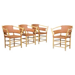 Set of Four Danish Bamboo and Woven Cognac Leather Armchairs, 1970s