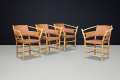 Set of Four Danish Bamboo and Woven Cognac Leather Armchairs, 1970s