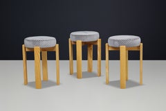 Set of 3 Scandinavian Modern Pine and Velvet Stools, Sweden, 1980s