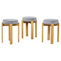 Set of 3 Scandinavian Modern Pine and Velvet Stools, Sweden, 1980s