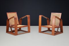 Paire de fauteuils de détente français en teck et rotin du milieu du siècle, France, années 1950