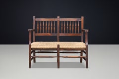 French Patinated Beech and Rush Two-Seat Bench, France, 1950s