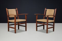 Pair of Spanish Torres Clavé Style Armchairs in Patinated Beech and Woven Rope