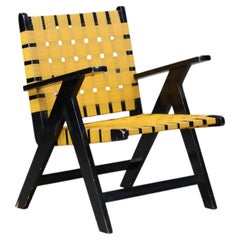 Mid-Century Modern Black Wood and Yellow Webbing Lounge Chair, Europe, 1950s