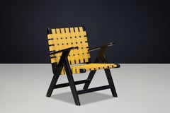 Mid-Century Modern Black Wood and Yellow Webbing Lounge Chair, Europe, 1950s