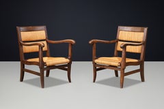 Pair of French Oak and Rush Lounge Armchairs, France, 1950s
