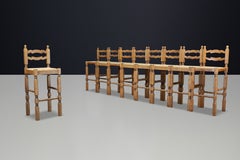 Set of 9 Razorblade Bar Stools in Solid Oak and Rush, France, 1960s