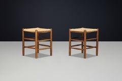 Set of 16 French Oak and Rush Stools in the Style of Charlotte Perriand France