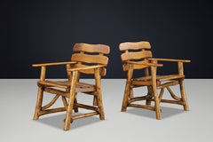 Pair of Sculptural Solid Oak Armchairs, France, 1950s