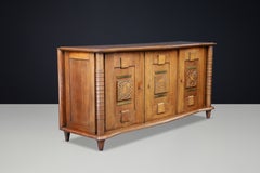 Monumental French Art Deco Oak and Brass Sideboard with Carved Reliefs, 1930s