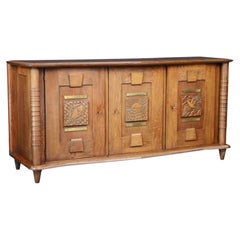 Monumental French Art Deco Oak and Brass Sideboard with Carved Reliefs, 1930s