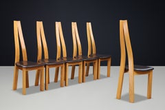 Set of Six Sculptural Elm and Black Leather Dining Chairs, France, 1970s