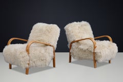 Pair of Kozelka and Kropacek Bentwood Chairs in Tibetan Sheepskin, 1940s
