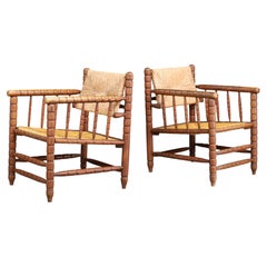 Pair of Charles Dudouyt Style Beech and Rush Sculptural Armchairs France 1940s
