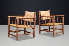 Pair of Charles Dudouyt Style Beech and Rush Sculptural Armchairs France 1940s