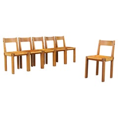 Pierre Chapo Set of Six S24 Dining Chairs in Elm and Cognac Leather France 1960