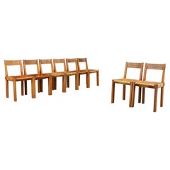 Pierre Chapo Set Eight S24 Dining Chairs in Elm and Cognac Leather France 1960