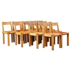 Pierre Chapo Set of 14 S24 Dining Chairs, Elm & Patinated Cognac Leather, 1960s