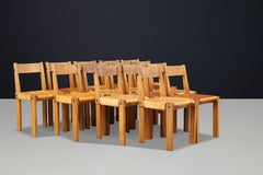 Pierre Chapo Set of 14 S24 Dining Chairs, Elm & Patinated Cognac Leather, 1960s
