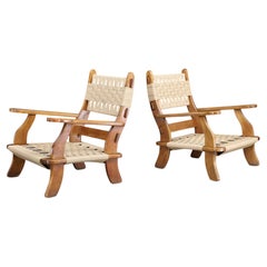 Pair of Sculptural Italian Oak and Rope Lounge Chairs, 1970s