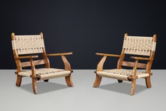 Pair of Sculptural Italian Oak and Rope Lounge Chairs, 1970s