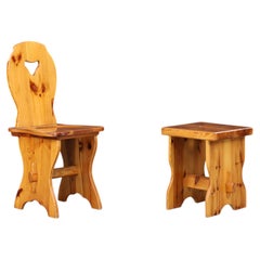 Italian Tyrolean Heart-Back Wooden Chair and Matching Stool, 1970s