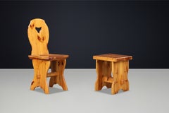Italian Tyrolean Heart-Back Wooden Chair and Matching Stool, 1970s