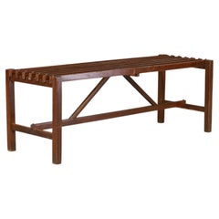 Italian Modernist Patinated Wood Slatted Bench with Geometric Frame, 1960s