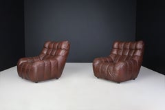 Paire de chaises longues en cuir modernes du milieu du siècle dernier, France, 1970