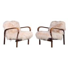 Pair of Koželka & Kropáček Bentwood Lounge Chairs in Natural Texel Lambswool