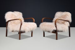 Pair of Koželka & Kropáček Bentwood Lounge Chairs in Natural Texel Lambswool