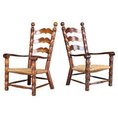 Large French Walnut & Rope High-Back Armchairs, Attributed to Charles Dudouyt
