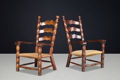 Large French Walnut & Rope High-Back Armchairs, Attributed to Charles Dudouyt