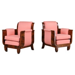 Pair of Two Large Sculptural Italian Art Deco Walnut Armchairs, circa 1930