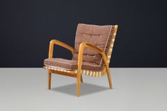 Fauteuil sculptural en chêne de Jan Vaněk, avec sangles en toile tressée, Prague, années 1940