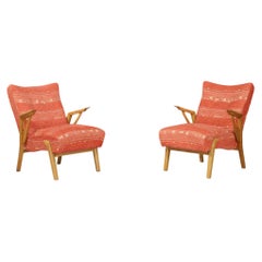 Pair of Sculptural Czech Art Deco Oak Lounge Chairs, Original Upholstery, 1930s