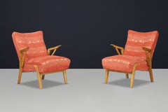 Pair of Sculptural Czech Art Deco Oak Lounge Chairs, Original Upholstery, 1930s