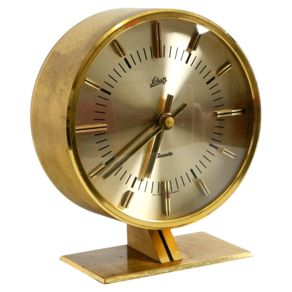 Original round brass table clock by Schatz Germany, 1960s For Sale