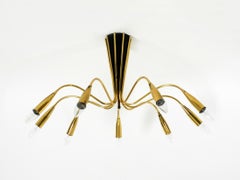 Large 9-arm Mid-Century Modern brass Sputnik ceiling lamp