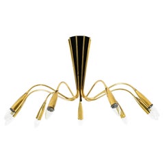 Large 9-arm Mid-Century Modern brass Sputnik ceiling lamp