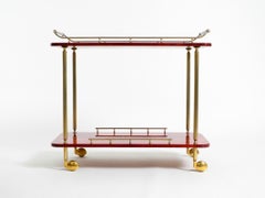Magnifique grand chariot de service en cuir de chèvre rouge « Aldo Tura » des années 1960 Fabriqué en Italie