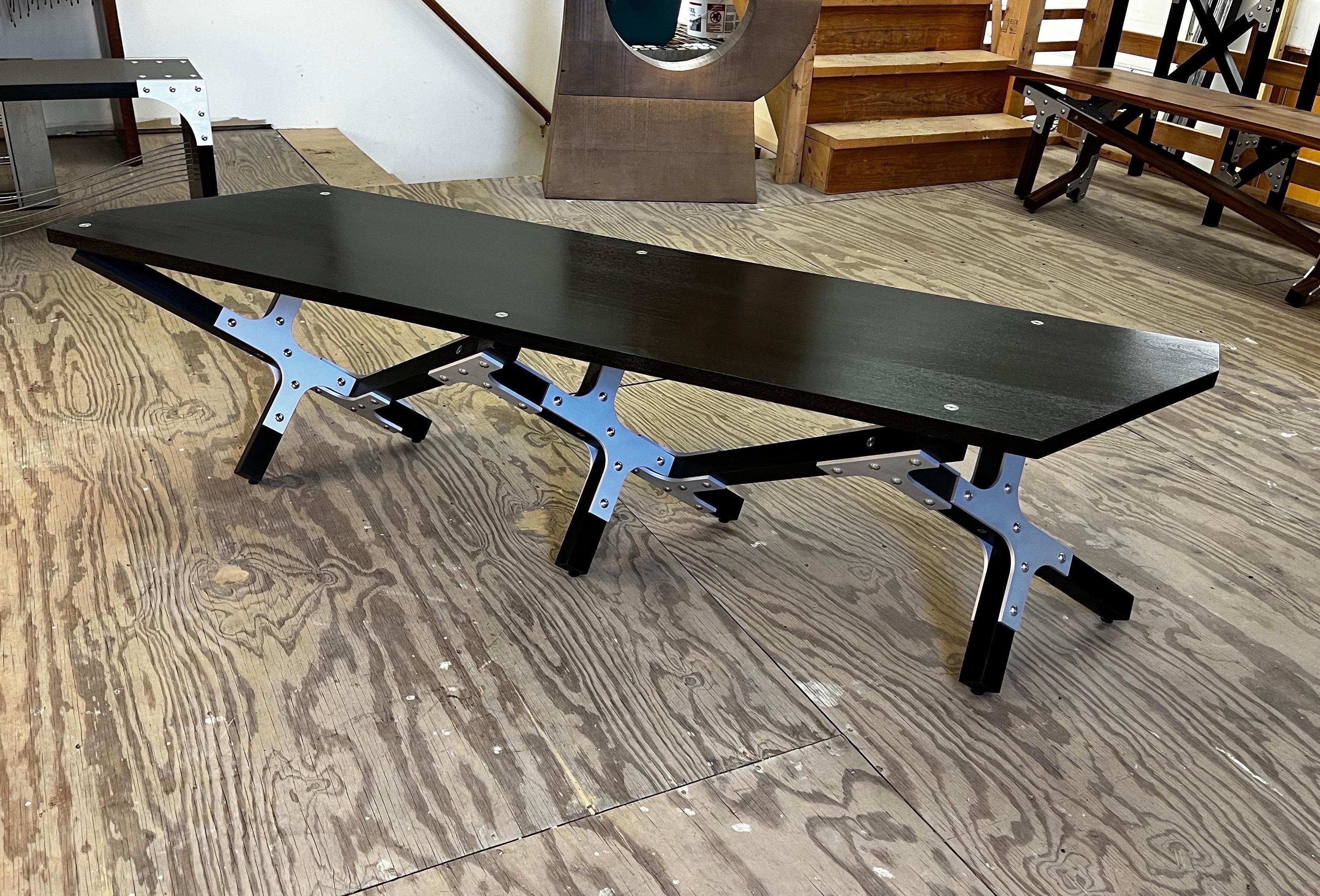 Blackened Modern Industrial Black Bench by Peter Harrison with Aluminum Joinery For Sale