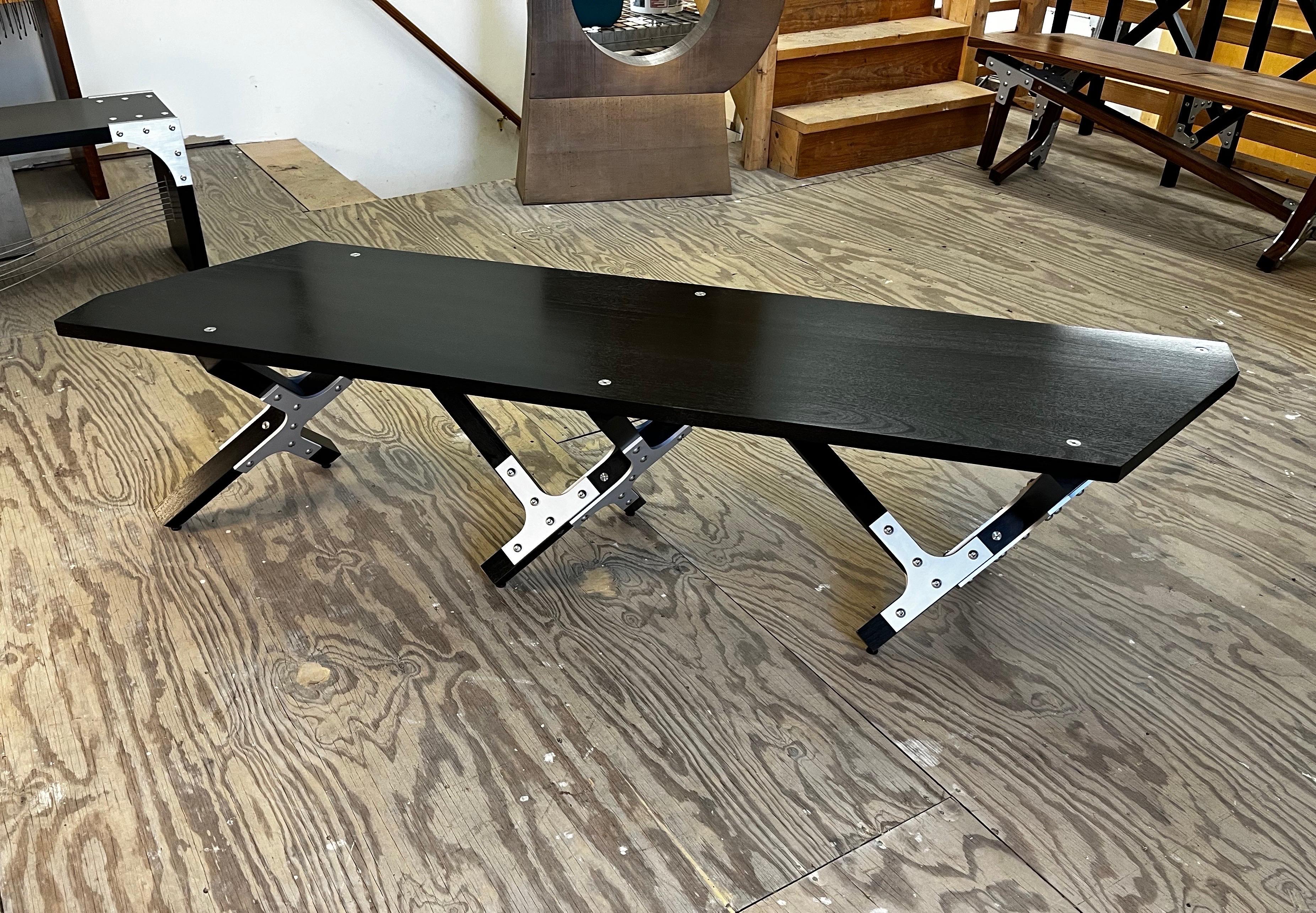 Industrial Handmade Bench by Peter Harrison, Black Wood and  Aluminum, In Stock In New Condition For Sale In Middle Grove, NY