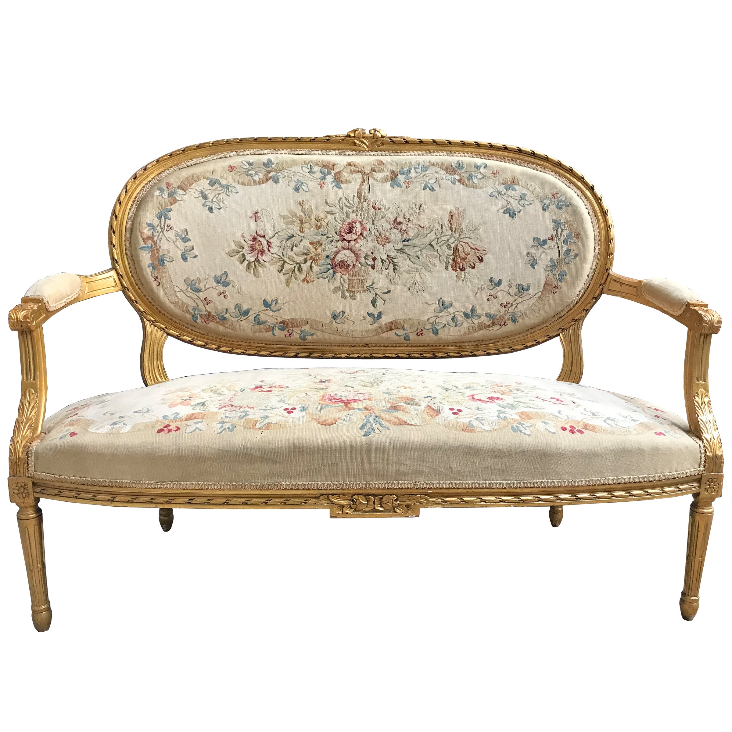 19th Century Antique French Louis XVI Style Carved Painted Settee Sofa