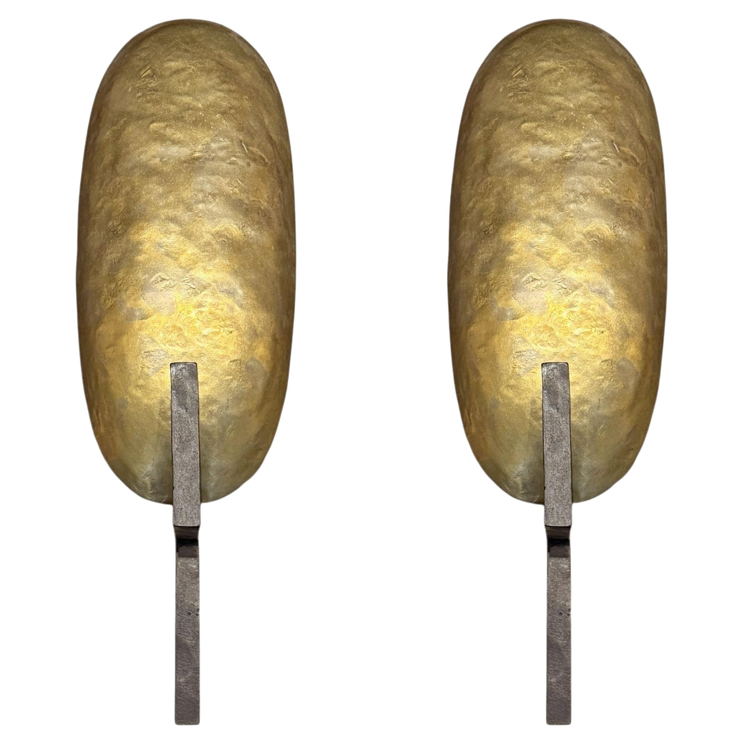 Pair of Paul Ferrante Wrought Iron and Brass Sconces For Sale