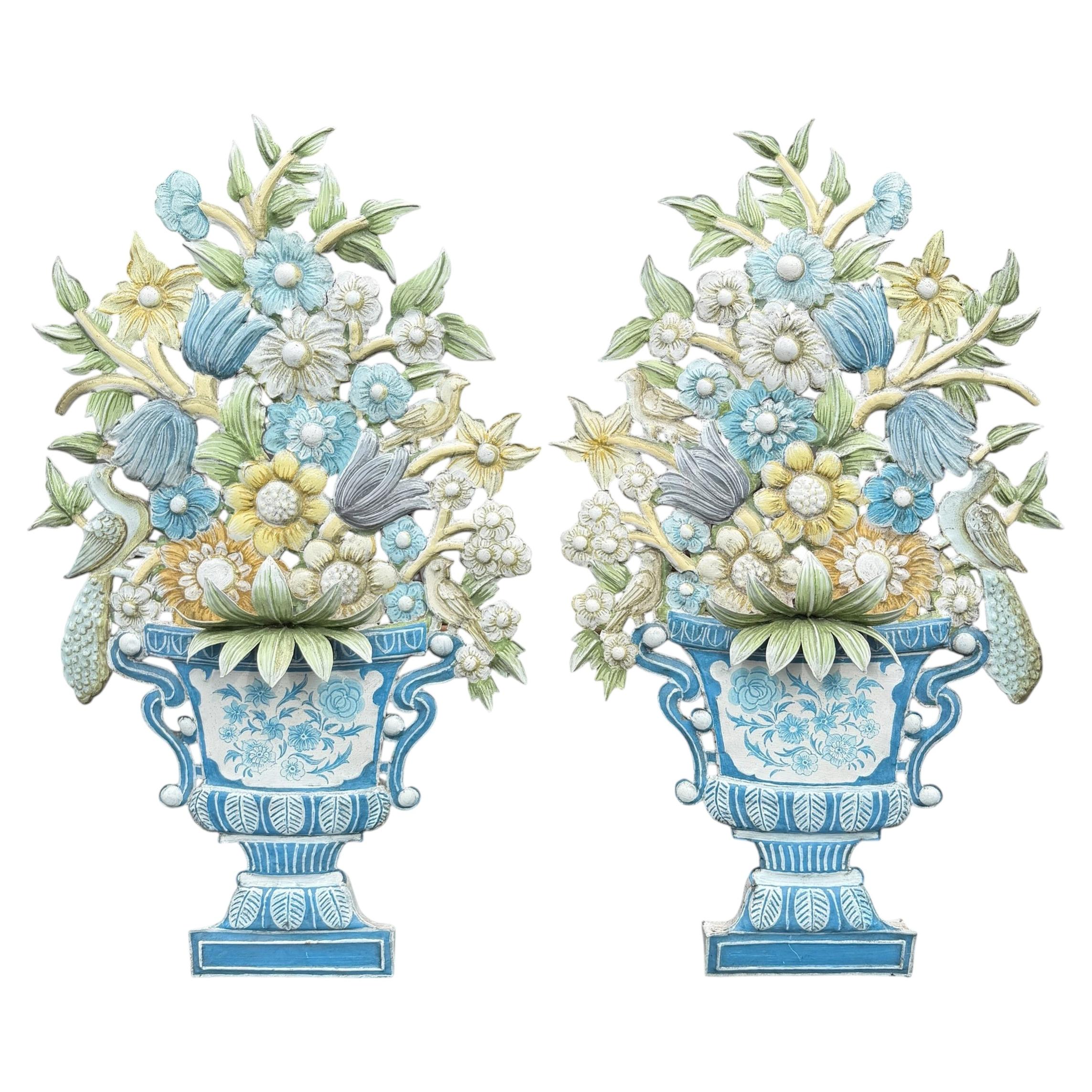 Pair of Painted Tole Wall-Mounted Urns with Flowers For Sale