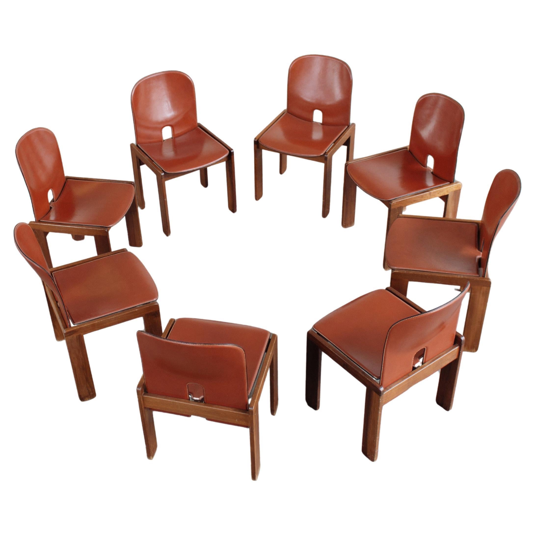 Afra & Tobia Scarpa "121" Dining Chairs for Cassina, Red Leather, 1965, Set of 8 For Sale