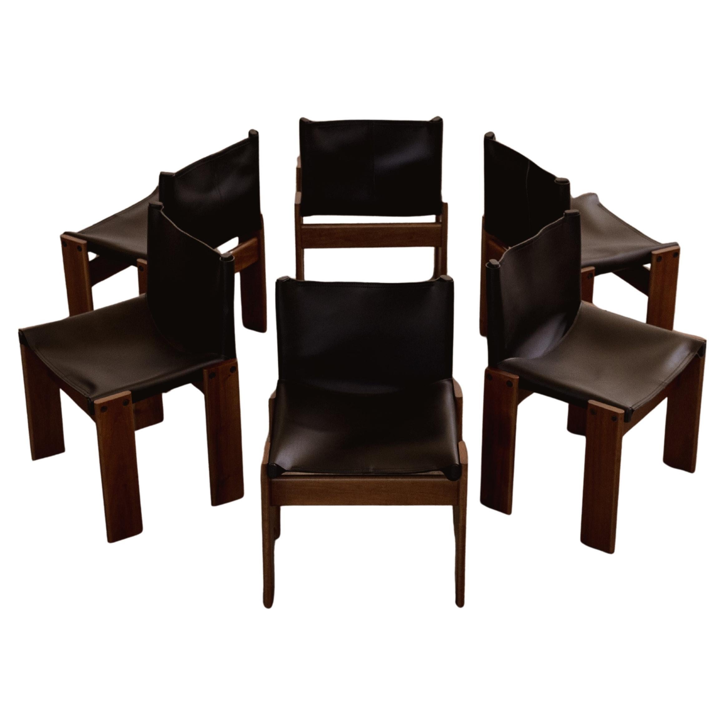 Sedie "Monk" di Afra & Tobia Scarpa per Molteni, Pelle nera, 1974, Set di 6