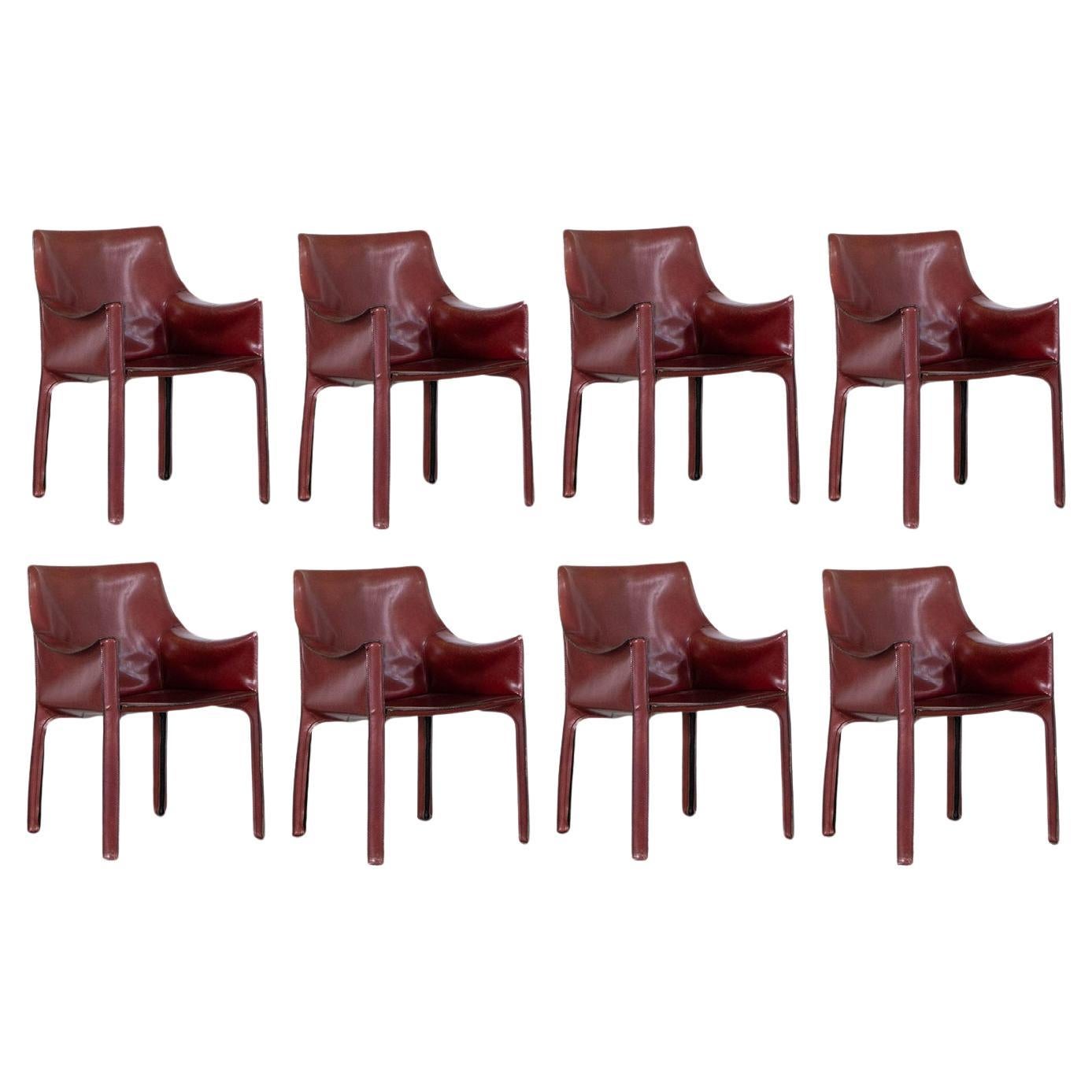 Mario Bellini "CAB 413” Chairs for Cassina, Bordeaux Leather, 1977, Set of 8