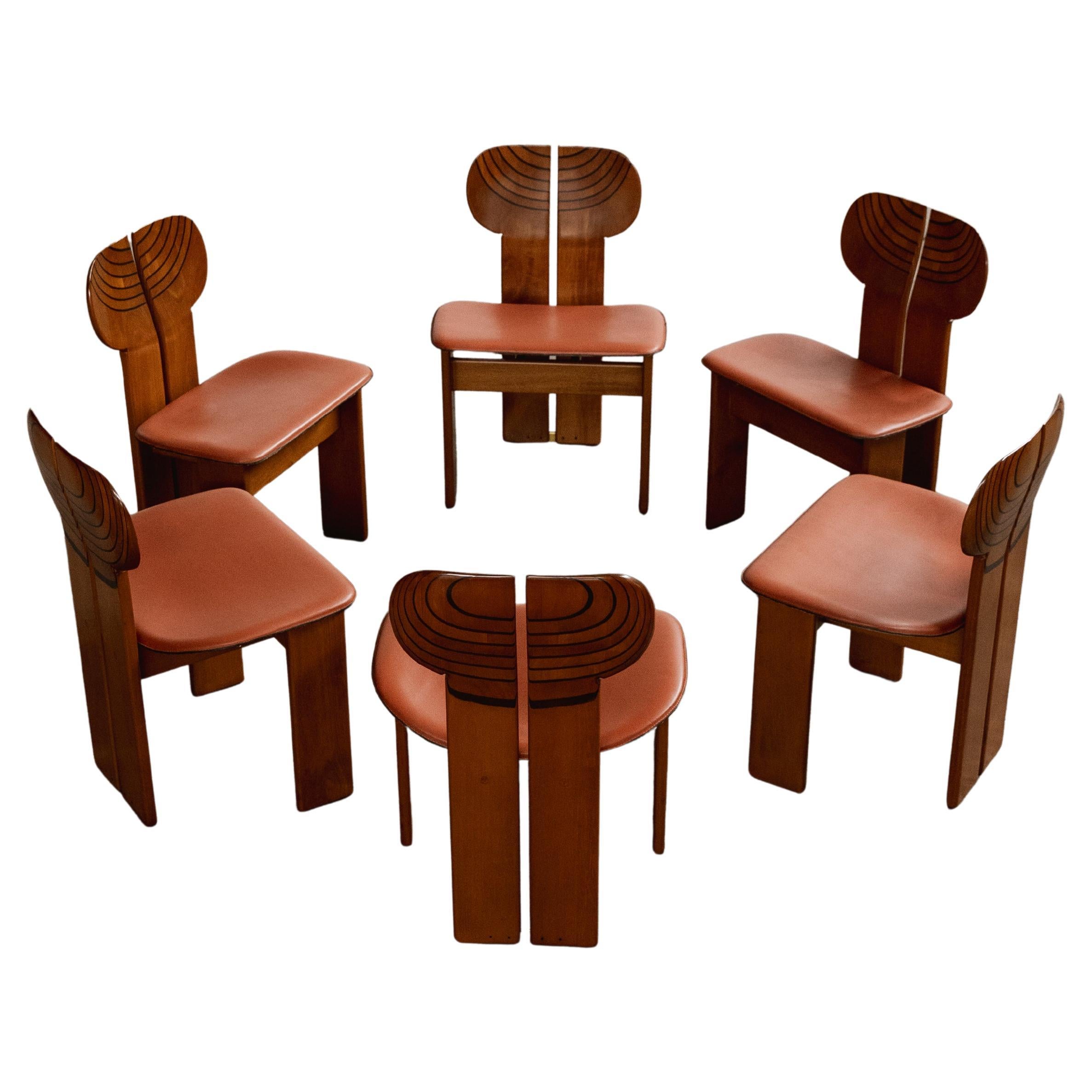 Afra & Tobia Scarpa "Africa" Chairs for Maxalto, Reddish Brown, 1975, Set of 6